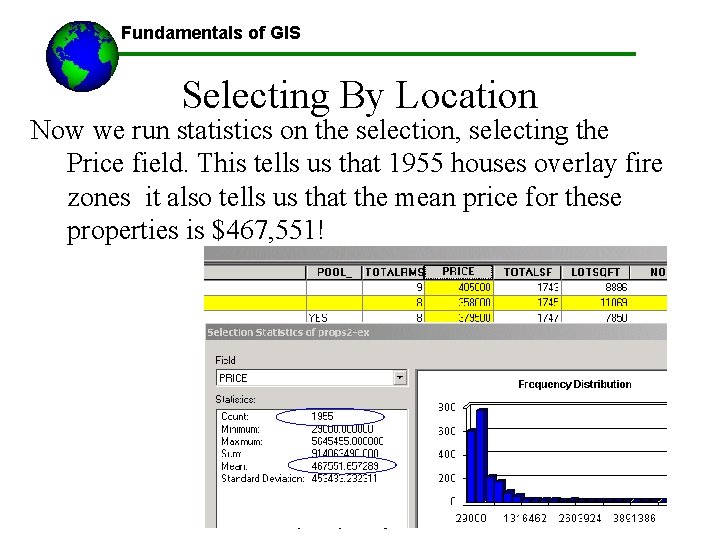 Fundamentals of GIS Selecting By Location Now we run statistics on the selection, selecting