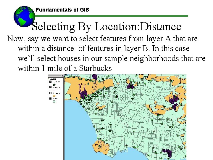 Fundamentals of GIS Selecting By Location: Distance Now, say we want to select features