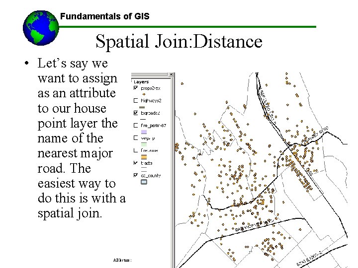 Fundamentals of GIS Spatial Join: Distance • Let’s say we want to assign as