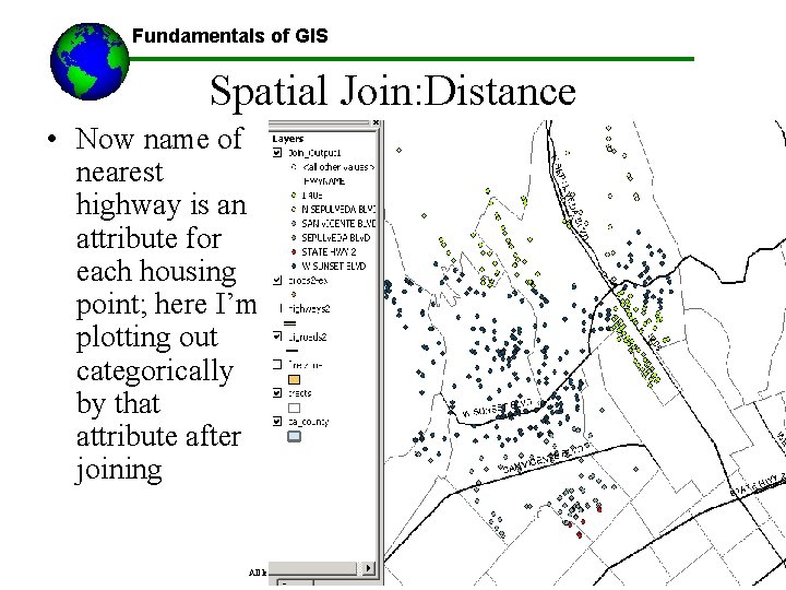 Fundamentals of GIS Spatial Join: Distance • Now name of nearest highway is an