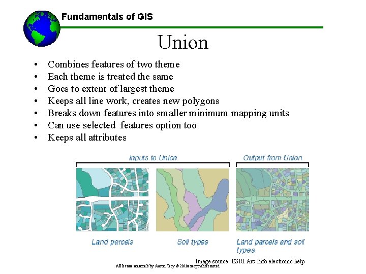 Fundamentals of GIS Union • • Combines features of two theme Each theme is