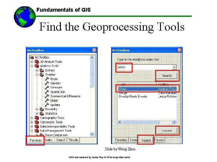 Fundamentals of GIS Find the Geoprocessing Tools Slide by Weiqi Zhou All lecture materials