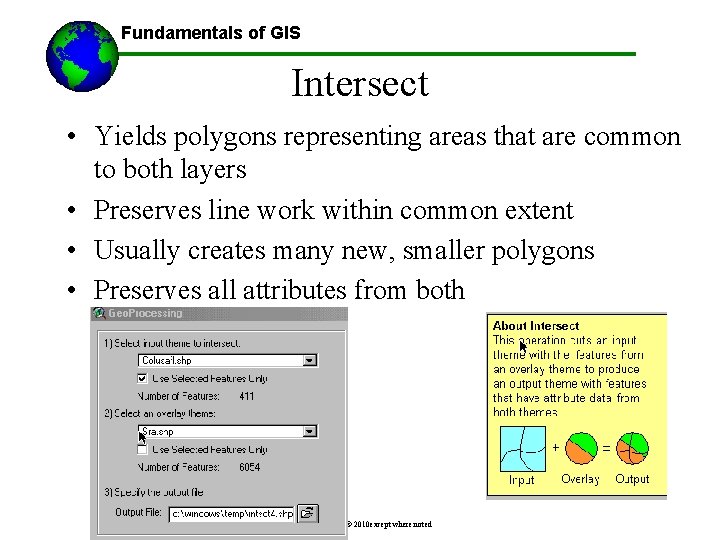 Fundamentals of GIS Intersect • Yields polygons representing areas that are common to both