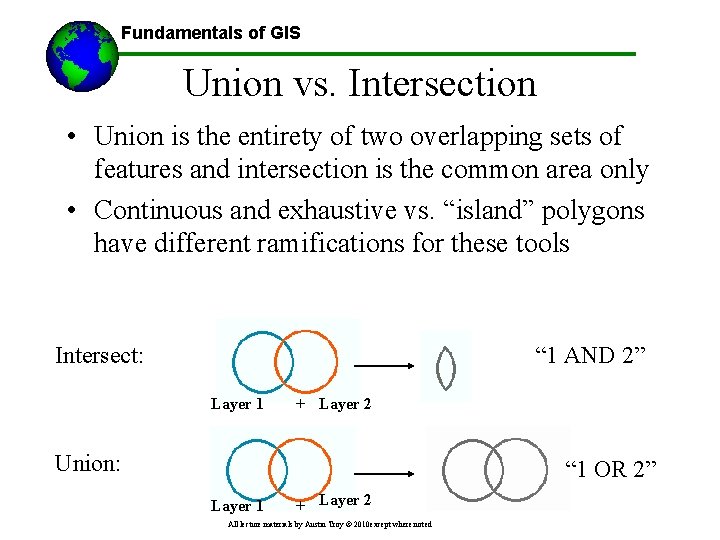 Fundamentals of GIS Union vs. Intersection • Union is the entirety of two overlapping
