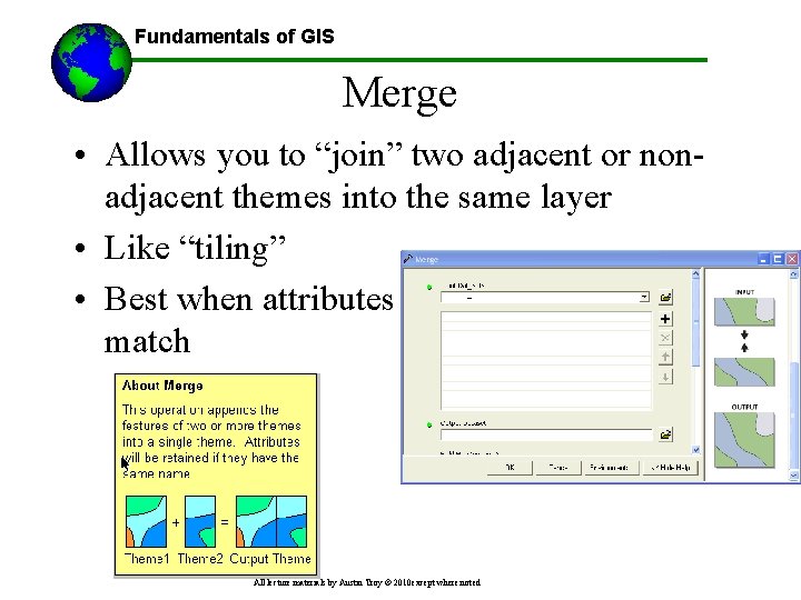 Fundamentals of GIS Merge • Allows you to “join” two adjacent or nonadjacent themes