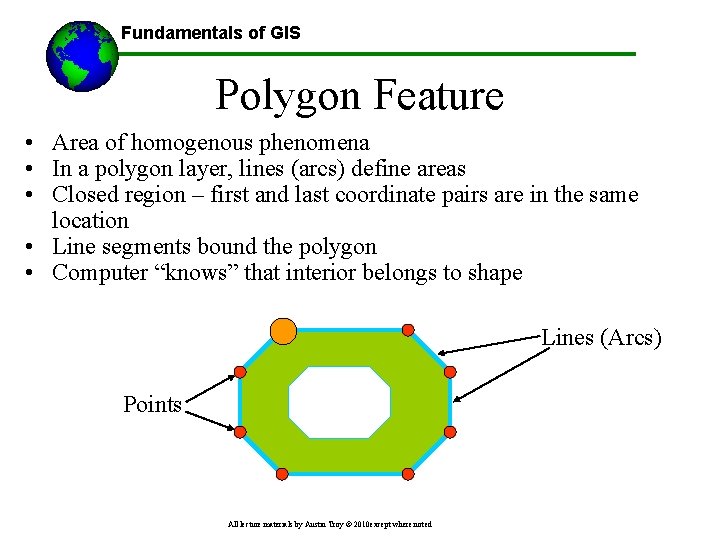 Fundamentals of GIS Polygon Feature • Area of homogenous phenomena • In a polygon