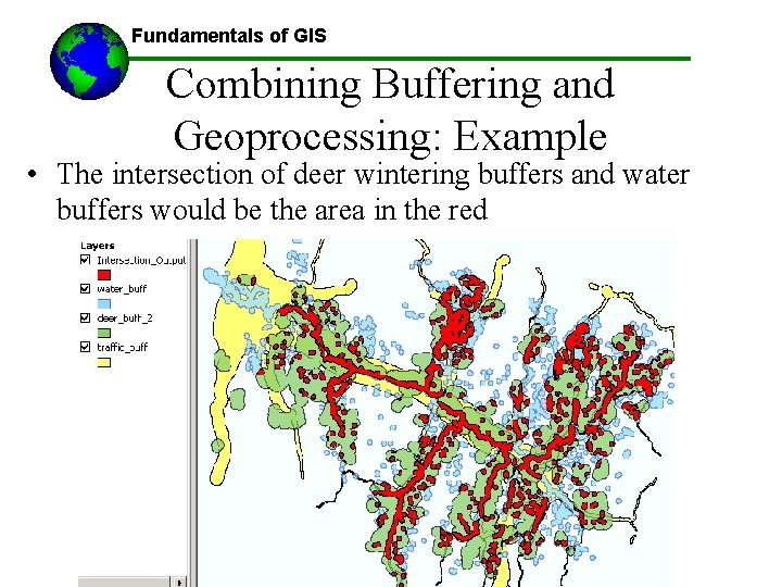 Fundamentals of GIS Combining Buffering and Geoprocessing: Example • The intersection of deer wintering