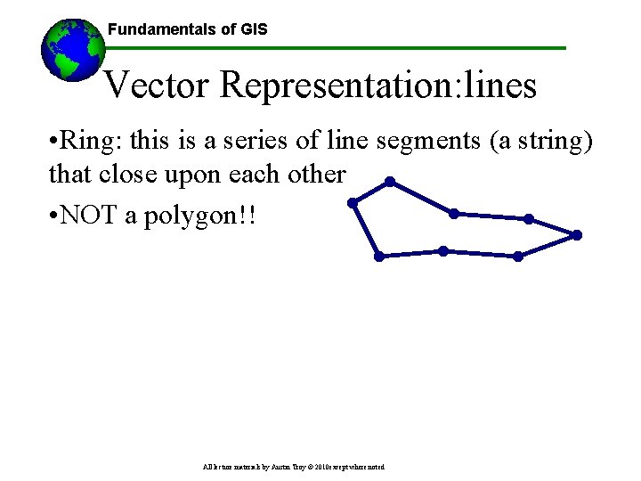 Fundamentals of GIS Vector Representation: lines • Ring: this is a series of line