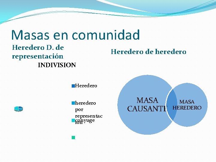 Masas en comunidad Heredero D. de representación Heredero de heredero INDIVISION Heredero heredero por