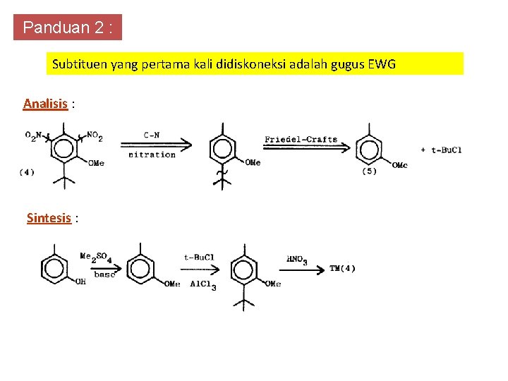 Panduan 2 : Subtituen yang pertama kali didiskoneksi adalah gugus EWG Analisis : Sintesis