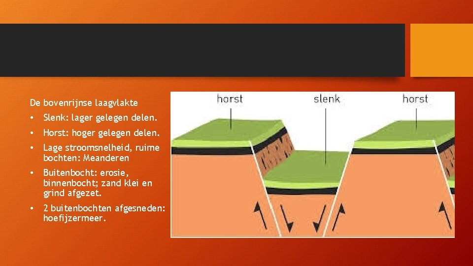 De bovenrijnse laagvlakte • Slenk: lager gelegen delen. • Horst: hoger gelegen delen. •