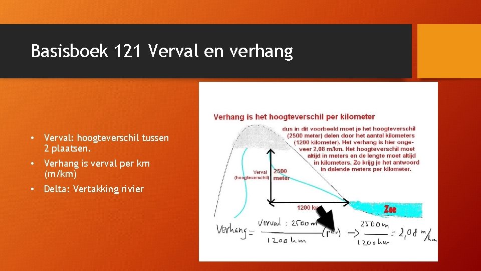 Basisboek 121 Verval en verhang • Verval: hoogteverschil tussen 2 plaatsen. • Verhang is