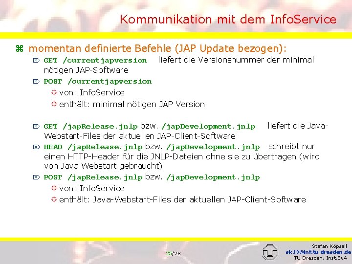 Kommunikation mit dem Info. Service z momentan definierte Befehle (JAP Update bezogen): GET /currentjapversion