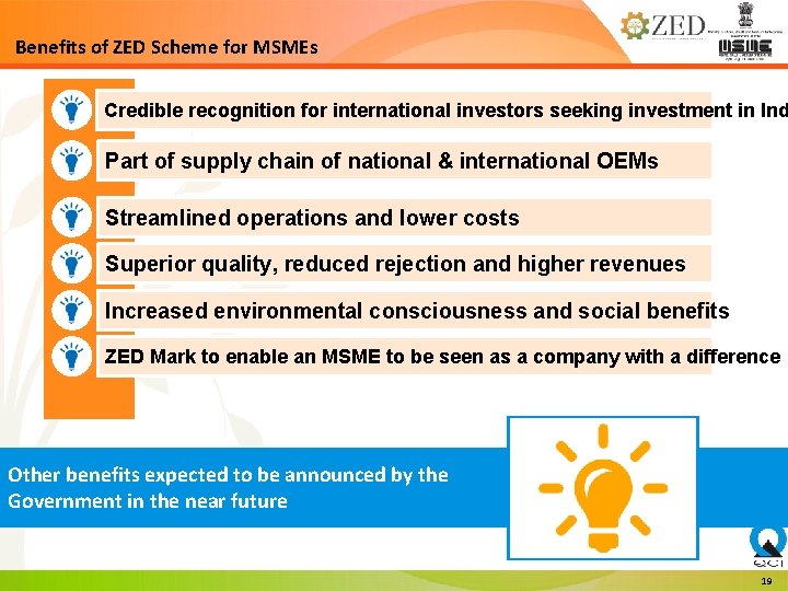 Benefits of ZED Scheme for MSMEs Credible recognition for international investors seeking investment in