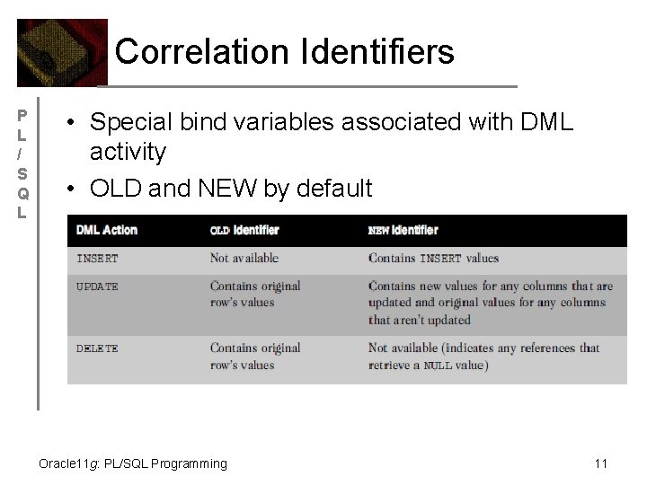 Correlation Identifiers P L / S Q L • Special bind variables associated with