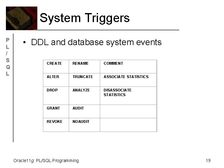 System Triggers P L / S Q L • DDL and database system events