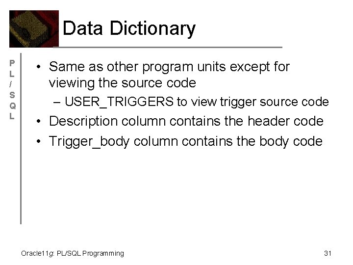 Data Dictionary P L / S Q L • Same as other program units