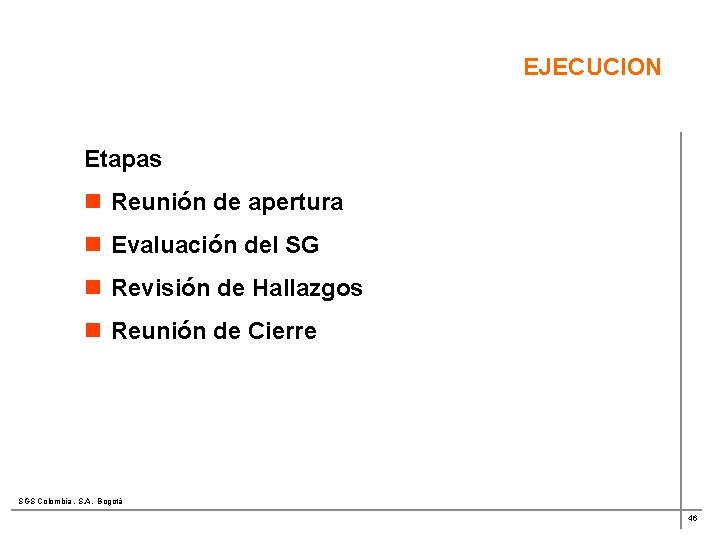 EJECUCION Etapas n Reunión de apertura n Evaluación del SG n Revisión de Hallazgos