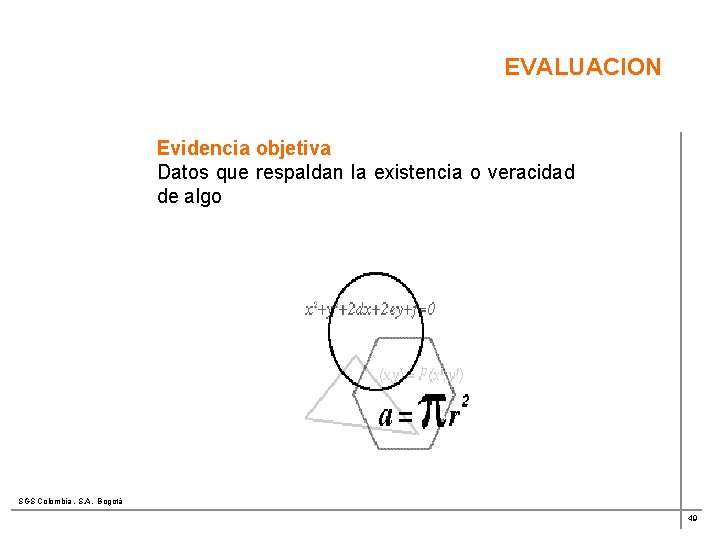 EVALUACION Evidencia objetiva Datos que respaldan la existencia o veracidad de algo. SGS Colombia