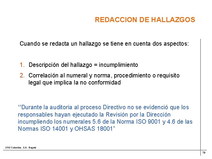 REDACCION DE HALLAZGOS Cuando se redacta un hallazgo se tiene en cuenta dos aspectos: