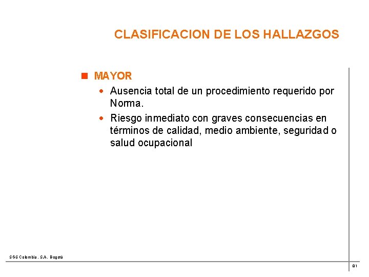 CLASIFICACION DE LOS HALLAZGOS n MAYOR · Ausencia total de un procedimiento requerido por