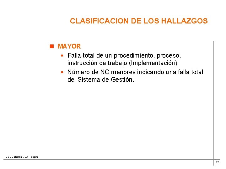 CLASIFICACION DE LOS HALLAZGOS n MAYOR · Falla total de un procedimiento, proceso, instrucción