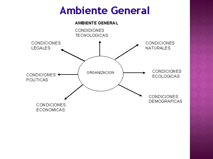 Ambiente General AMBIENTE GENERAL CONDIDIONES TECNOLOGICAS CONDICIONES LEGALES CONDICIONES POLITICAS CONDICIONES ECONOMICAS CONDICIONES NATURALES