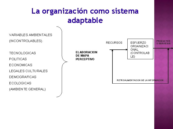 La organización como sistema adaptable VARIABLES AMBIENTALES (INCONTROLABLES). TECNOLOGICAS POLITICAS RECURSOS ELABORACION DE MAPA