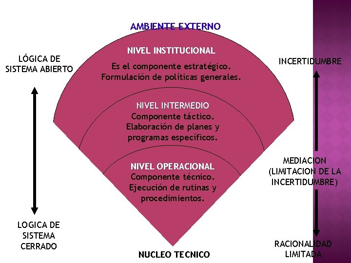 AMBIENTE EXTERNO LÓGICA DE SISTEMA ABIERTO NIVEL INSTITUCIONAL Es el componente estratégico. Formulación de