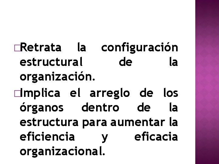 �Retrata la configuración estructural de la organización. �Implica el arreglo de los órganos dentro