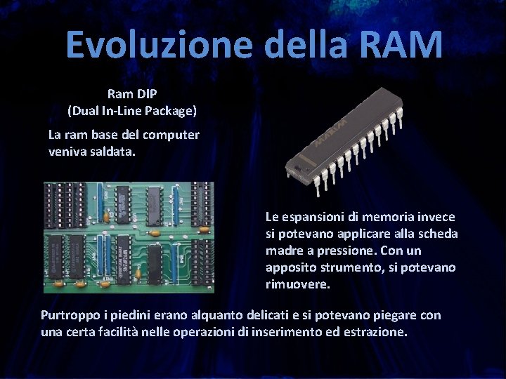 Evoluzione della RAM Ram DIP (Dual In-Line Package) La ram base del computer veniva