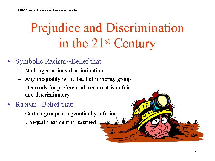 © 2001 Wadsworth, a division of Thomson Learning, Inc Prejudice and Discrimination in the