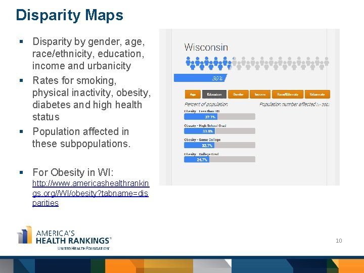 Disparity Maps § Disparity by gender, age, race/ethnicity, education, income and urbanicity § Rates