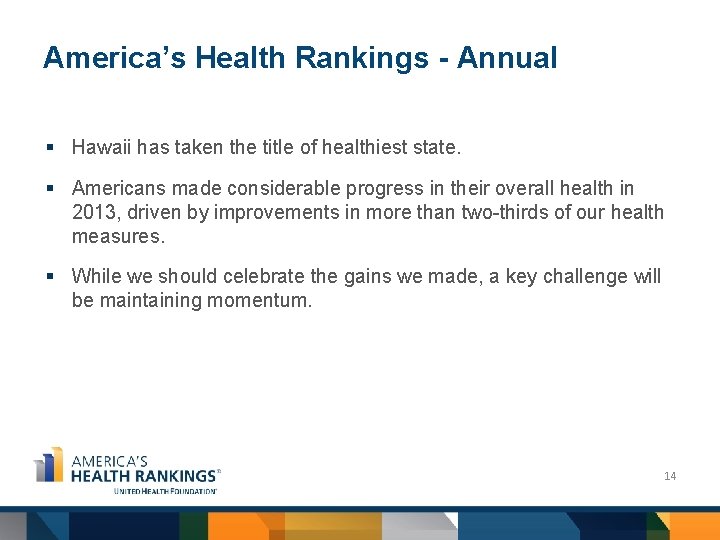 America’s Health Rankings - Annual § Hawaii has taken the title of healthiest state.