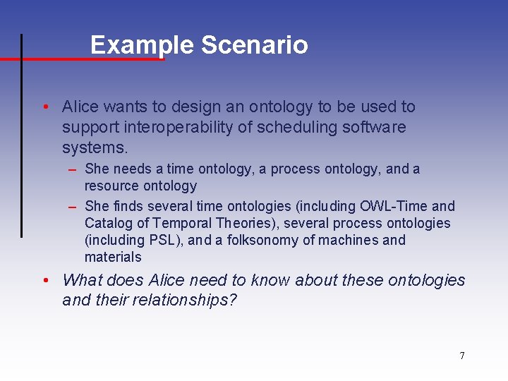 Example Scenario • Alice wants to design an ontology to be used to support
