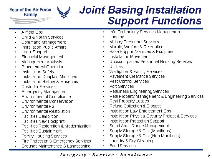 Joint Basing Installation Support Functions • • • • • • Airfield Ops Child