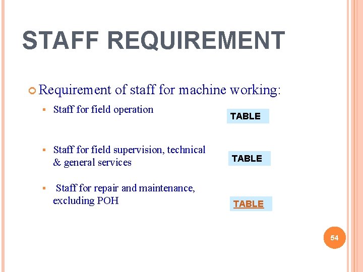 STAFF REQUIREMENT Requirement of staff for machine working: § Staff for field operation §