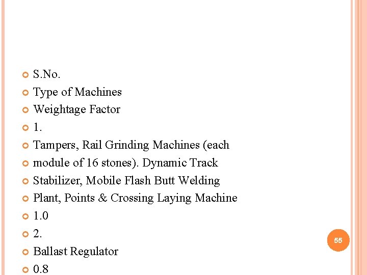 S. No. Type of Machines Weightage Factor 1. Tampers, Rail Grinding Machines (each module