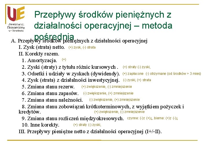 Przepływy środków pieniężnych z działalności operacyjnej – metoda pośrednia A. Przepływy środków pieniężnych z