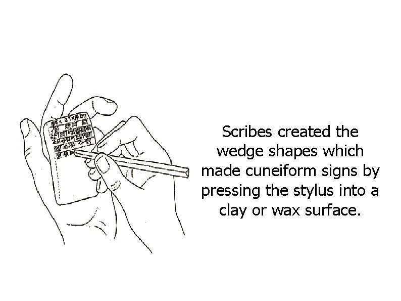 Scribes created the wedge shapes which made cuneiform signs by pressing the stylus into