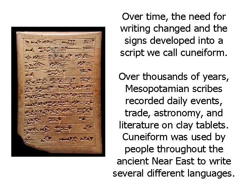 Over time, the need for writing changed and the signs developed into a script
