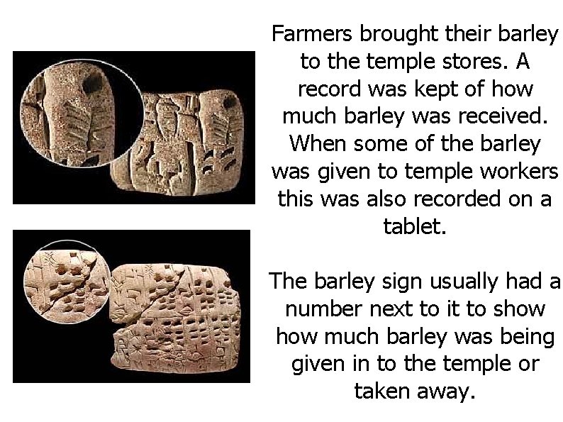 Farmers brought their barley to the temple stores. A record was kept of how