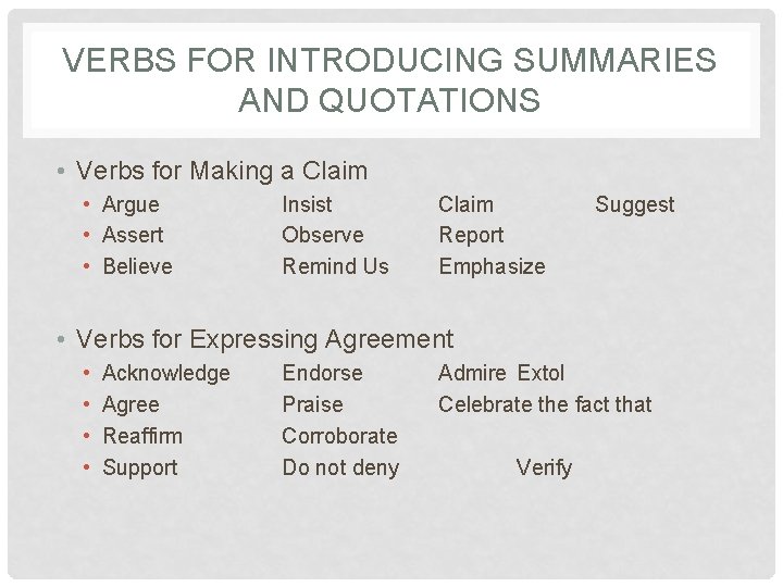 VERBS FOR INTRODUCING SUMMARIES AND QUOTATIONS • Verbs for Making a Claim • Argue