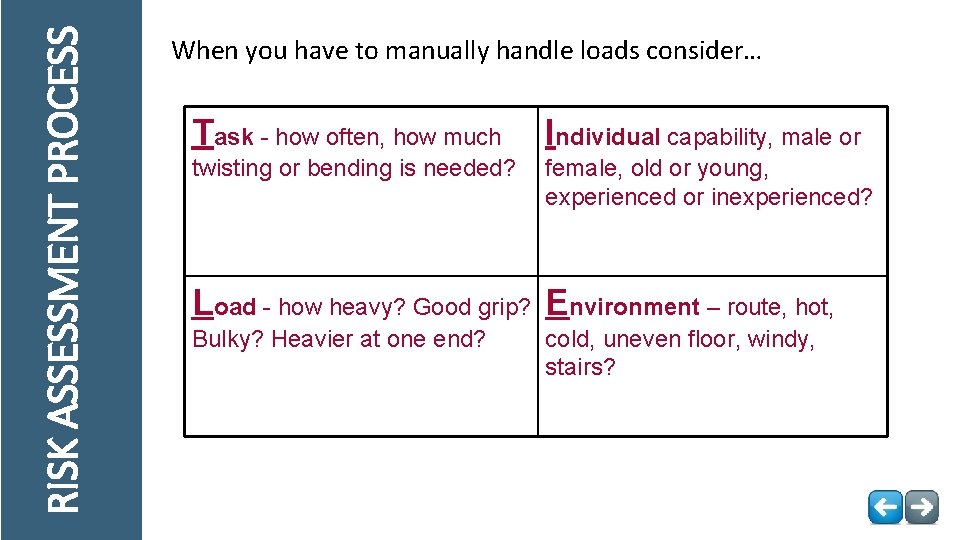 RISK ASSESSMENT PROCESS When you have to manually handle loads consider… Task - how