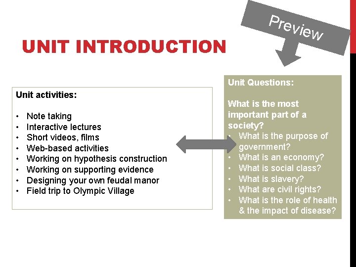 UNIT INTRODUCTION Prev iew Unit Questions: Unit activities: • • Note taking Interactive lectures
