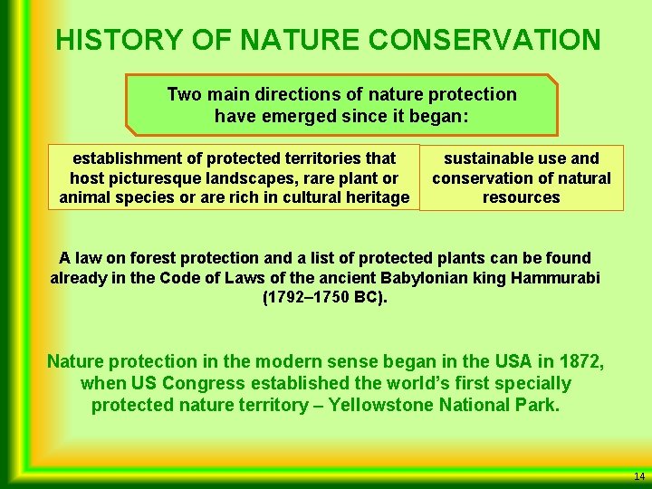 HISTORY OF NATURE CONSERVATION Two main directions of nature protection have emerged since it