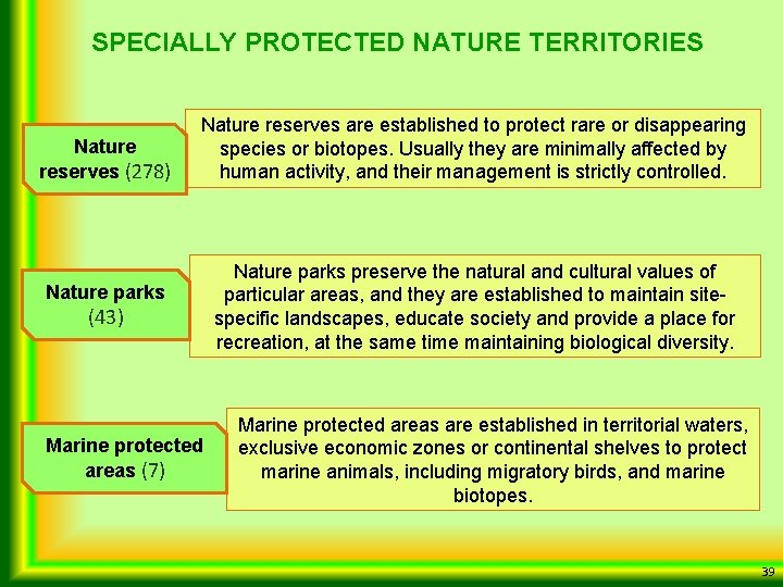 SPECIALLY PROTECTED NATURE TERRITORIES Nature reserves (278) Nature reserves are established to protect rare