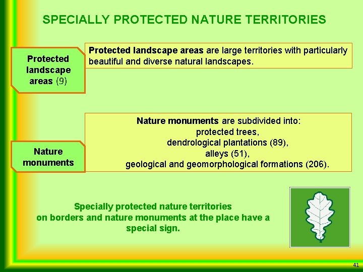 SPECIALLY PROTECTED NATURE TERRITORIES Protected landscape areas (9) Nature monuments Protected landscape areas are