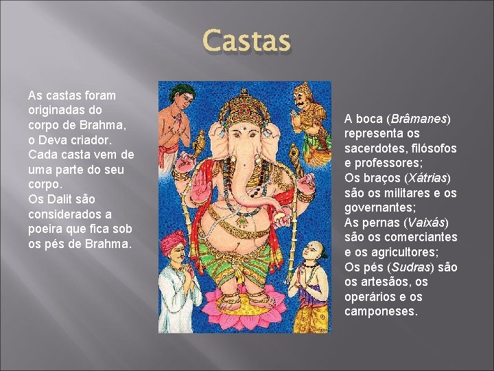 Castas As castas foram originadas do corpo de Brahma, o Deva criador. Cada casta