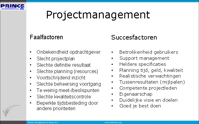 Projectmanagement Faalfactoren Succesfactoren • • • • • Onbekendheid opdrachtgever Slecht projectplan Slechte definitie